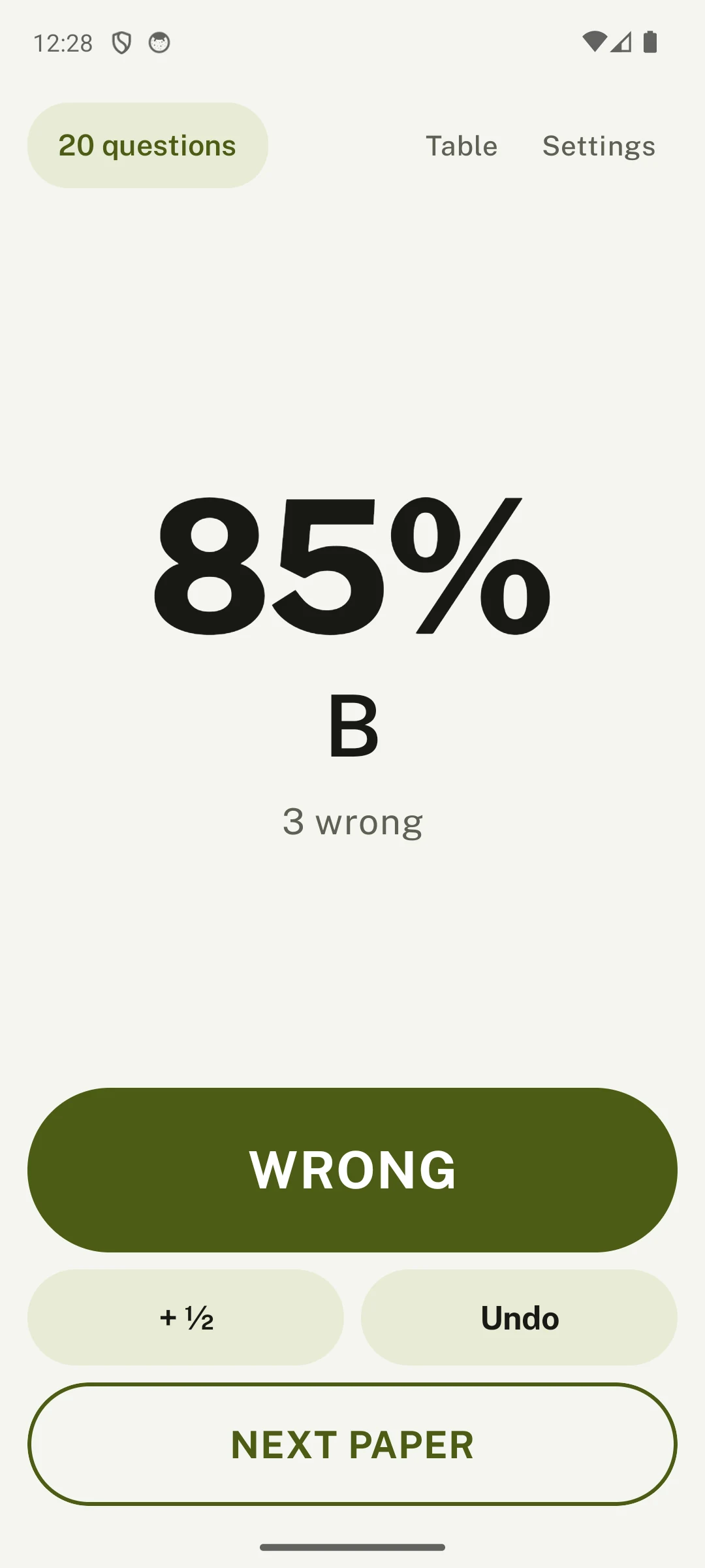Grade Ruler showing 85 percent and the letter B after three wrong answers