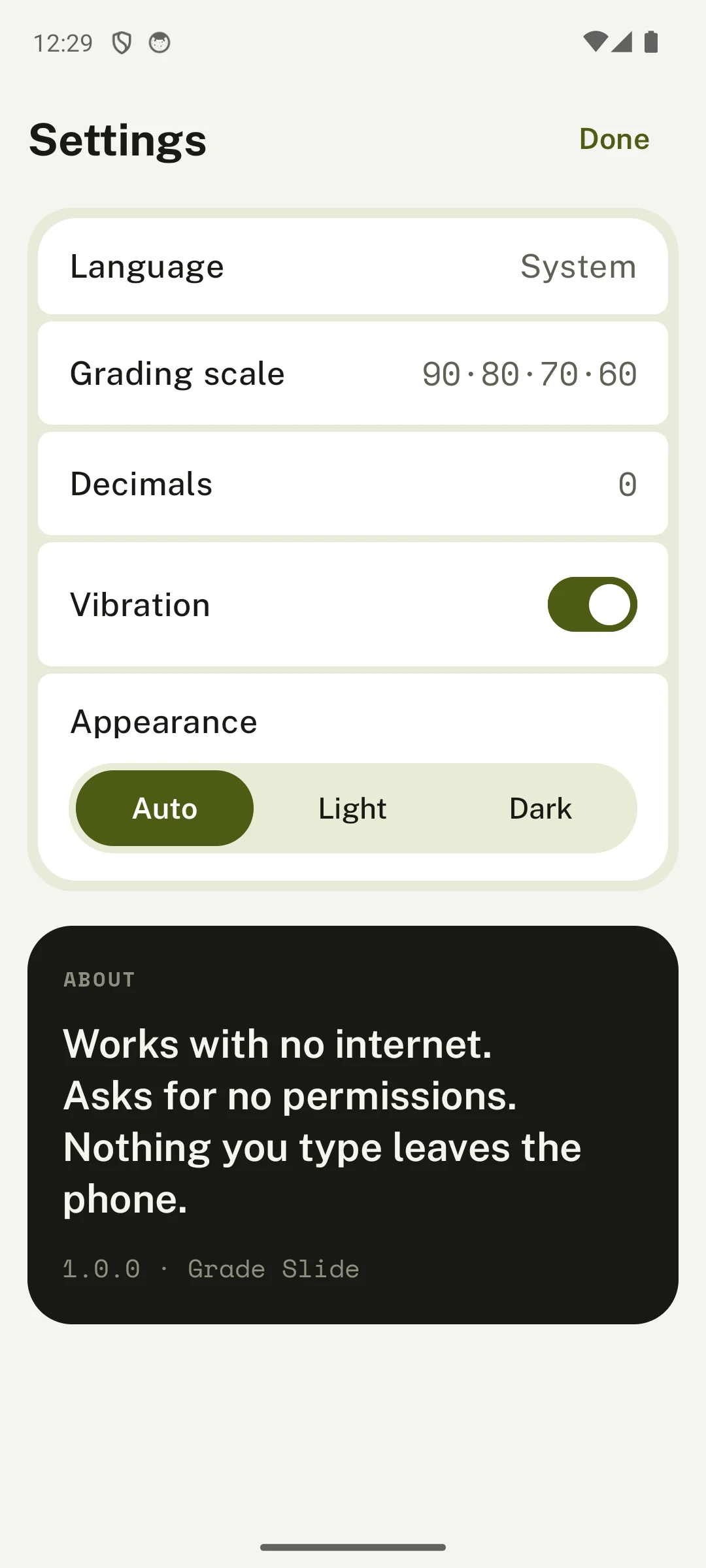Settings with grading scale and appearance
