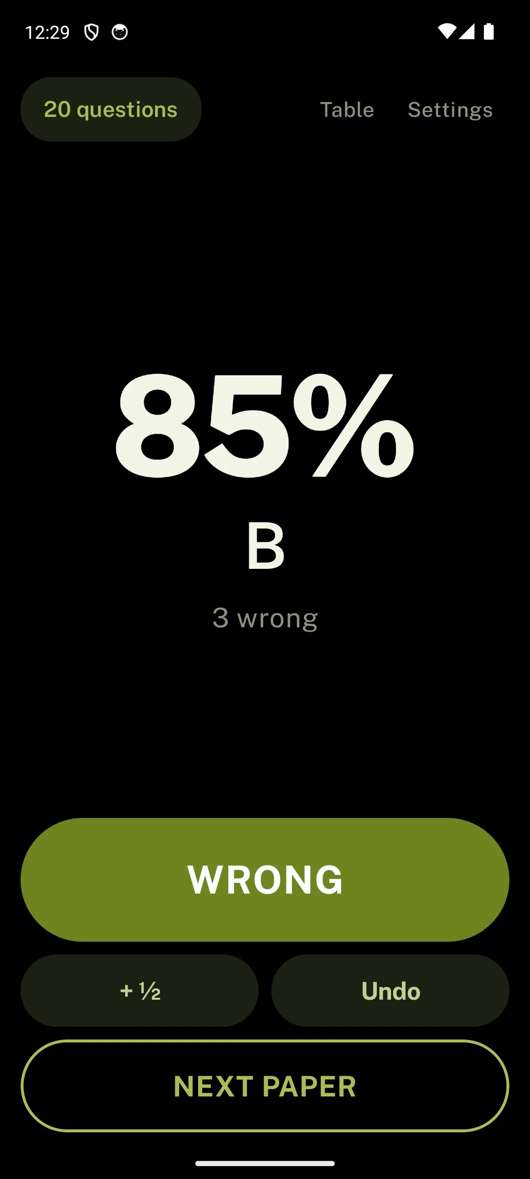 The grading screen in dark mode
